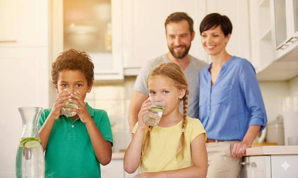 Happy family with children drinking clean, healthy water in kitchen